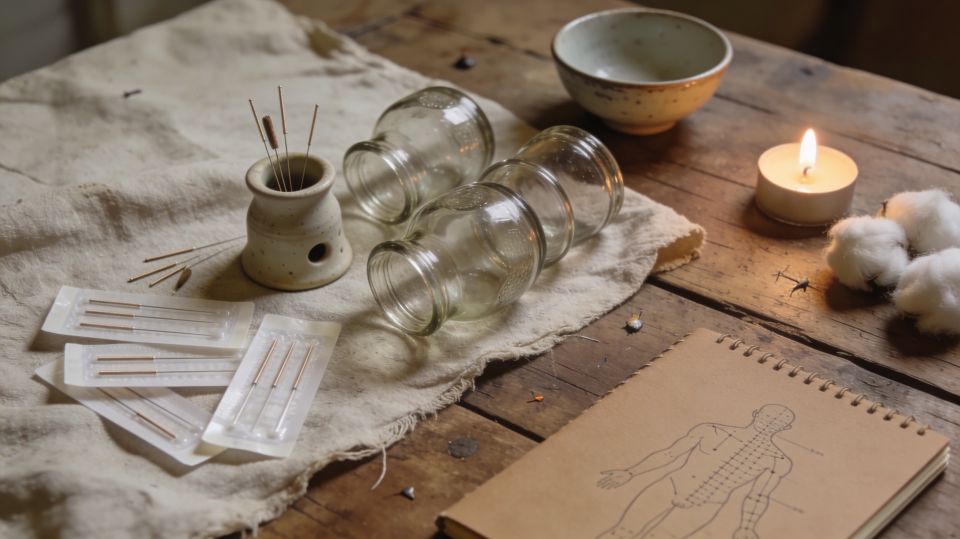 Acupuncture needles, cupping glasses and meridian chart